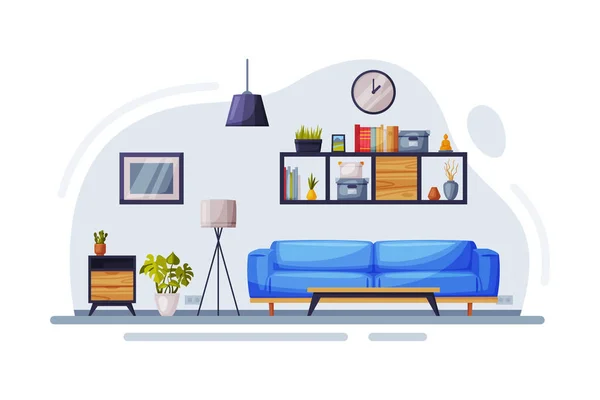 Modern Room Interior Design, Cozy Apartments with Comfy Furfurniture and Home Decor, Wooden Bookshelf, and Sofa Vector Illustration — 스톡 벡터