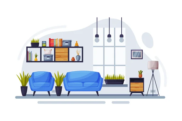 Modern Room Interior Design, Cozy Apartments with Comfy Furfurniture and Home Decor, Bookcase, Sofa and Armchair at front of Window Vector Illustration — 스톡 벡터