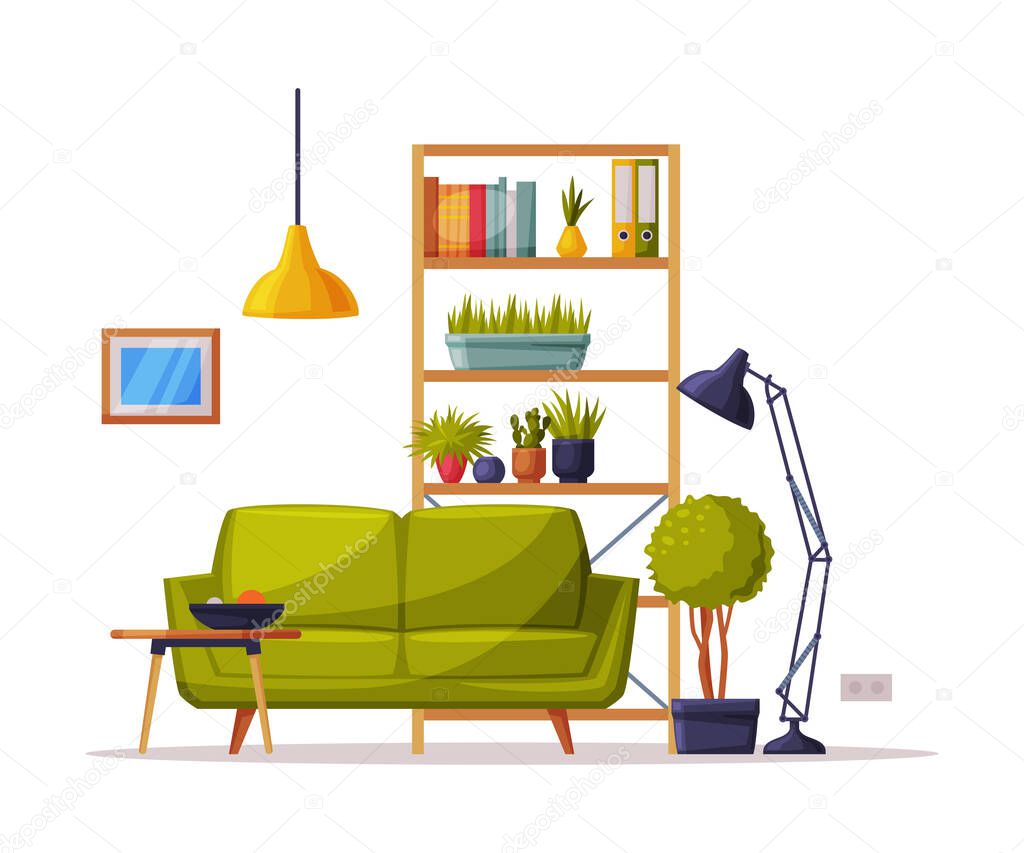 Modern Cozy Room Interior Design, Bookcase, Sofa Comfy Furniture and Home Decoration Accessories Vector Illustration on White Background