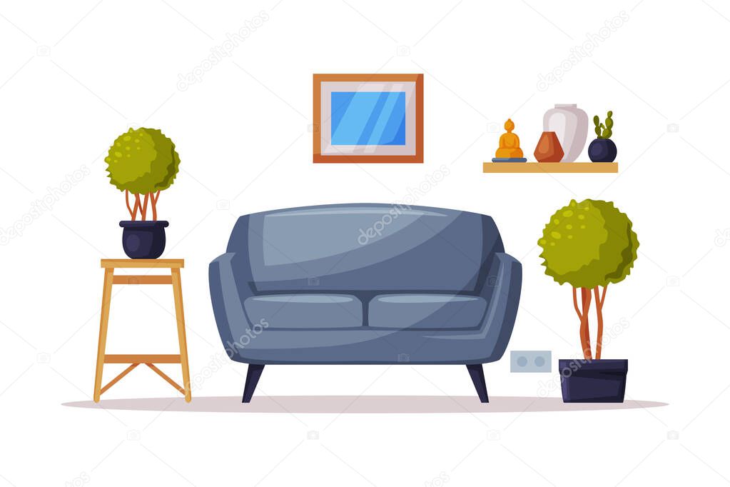 Cozy Room Interior, Comfy Sofa and Potted Houseplants Vector Illustration on White Background