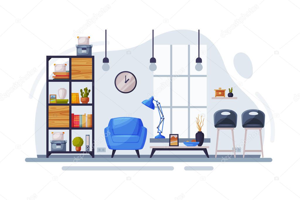 Modern Room Interior Design, Cozy Apartments with Comfy Furniture and Home Decor, Bookcase, Armchair and Coffee Table in front of Window Vector Illustration