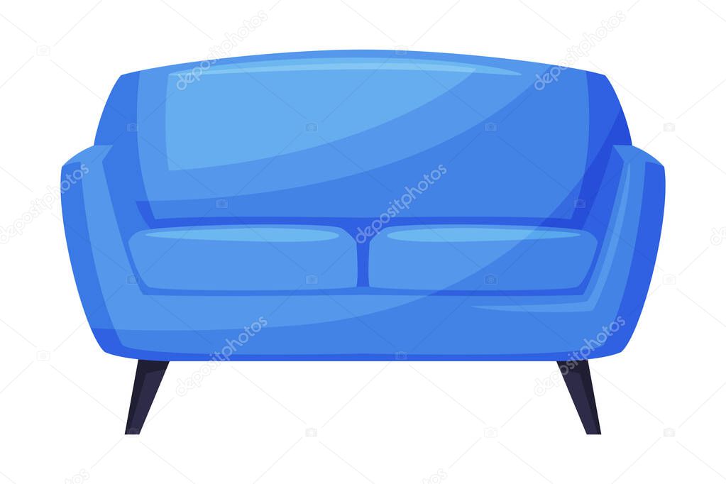 Blue Comfortable Sofa, Cozy Room Interior Design Cartoon Style Vector Illustration on White Background