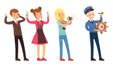 Çeşitli Mesleklerin Çocukları Seti, İşadamı, Kaptan, Fotoğrafçı, Kuaför Karakterleri Çizgi Film Biçimi Vektör İllüstrasyonu