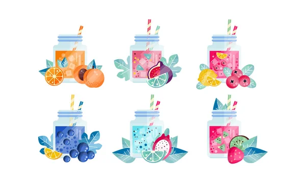 Set de Bebidas de Smoothie de Fruta, Nutritivo Orgánico Comida Saludable Fresca Vector Ilustración — Archivo Imágenes Vectoriales