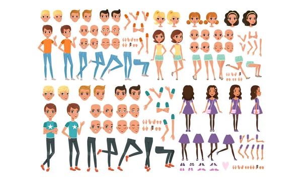 Tiener jongen en meisje creatie set, schattig meisjes en jongens met verschillende kapsels, gezicht emoties, poses cartoon stijl vector illustratie — Stockvector