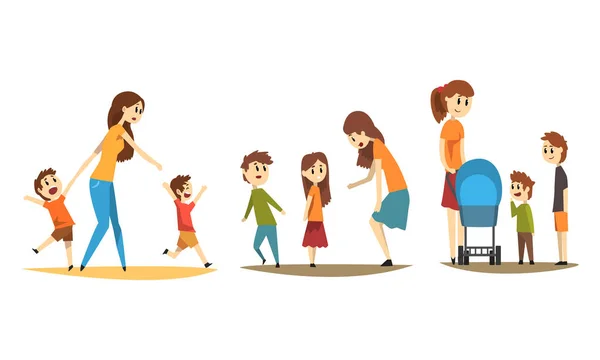 Madres bonitas caminando con su conjunto de niños pequeños, madres felices con niños traviesos estilo de dibujos animados Vector Ilustración — Vector de stock