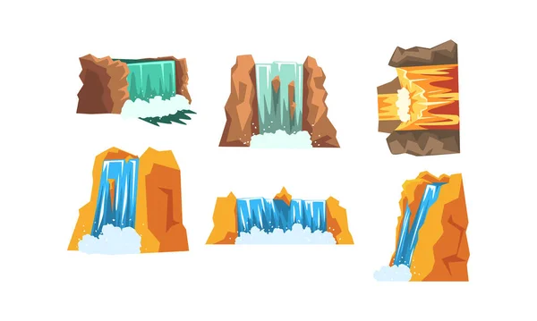 Waterfalls Set, Mountain Landscape Elements, Cascading Water Stream Cartoon Style Vector Illustration — Stock Vector