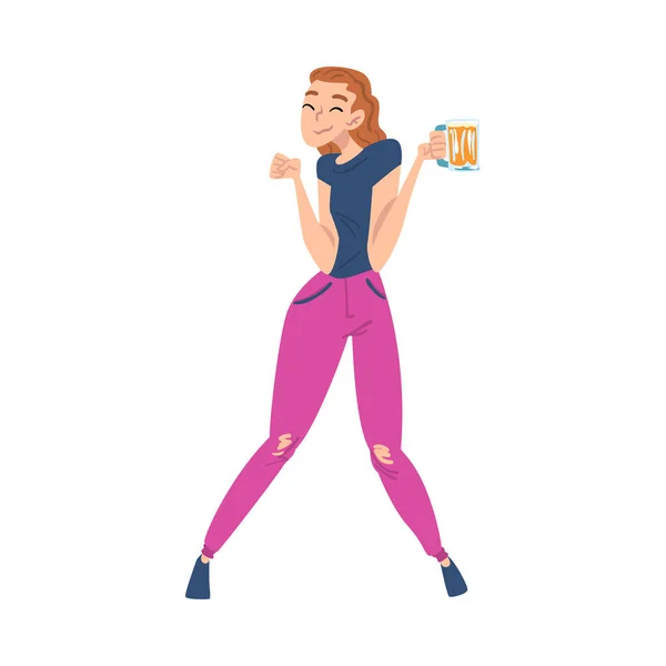 행복 한 음주 여성과 그녀의 손에 맥주를 쥐고, 술취함, 나쁜 습관 콘셉트 카툰 스타일 Vector Illustration — 스톡 벡터