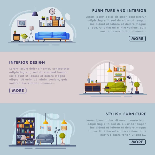 Interior and Stylish Furniture Design Landing Page Templates Set, Cozy Apartments Space, Comfy Furniture, Creation Home Interior Website Vector Illustration