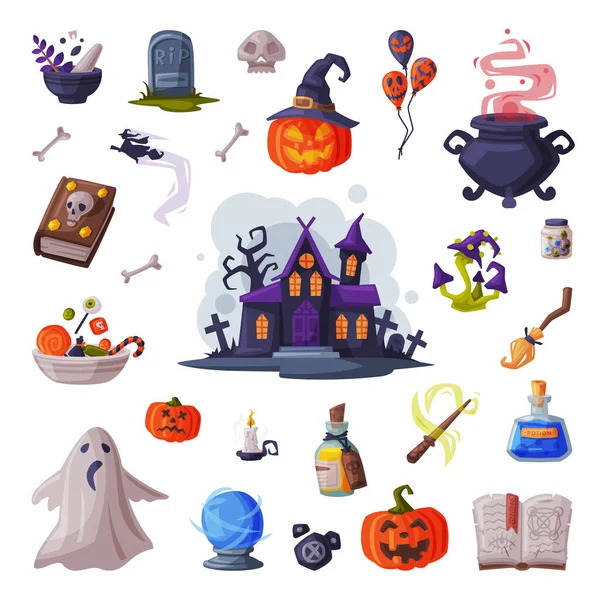 Halloween Symboly Collection, Holiday Party Design Elements, Scary Gothic House, Pumpkin, Witch Cauldron, Ghost, Magic Book Cartoon Style Vector Illustration — Stockový vektor