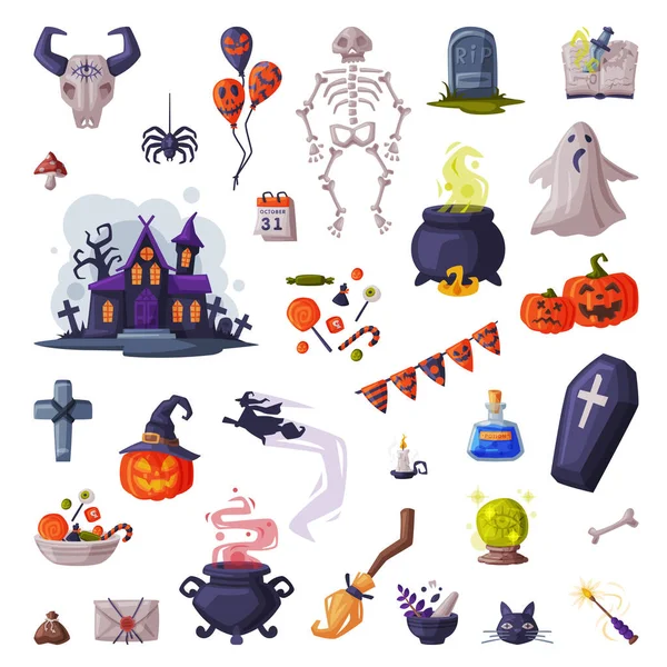 Simboli di Halloween Big Set, Elementi di design per feste Illustrazione vettoriale in stile cartone animato — Vettoriale Stock