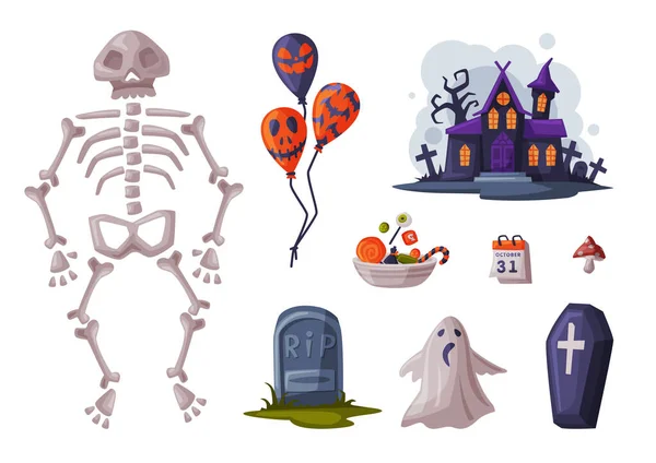 Kollektion von Halloween-Symbolen, Designelemente für Feiertage, Skelett, Luftballon, Sarg, Grabstein, Burg-Cartoon-Vektor-Illustration — Stockvektor