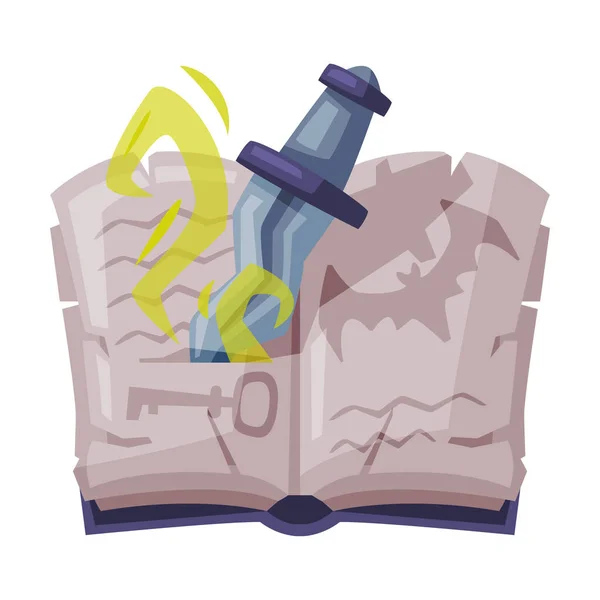 Libro mágico abierto con daga, atributo de brujería, ilustración vectorial del estilo de la historieta del objeto de Halloween feliz aislada en el fondo blanco — Vector de stock