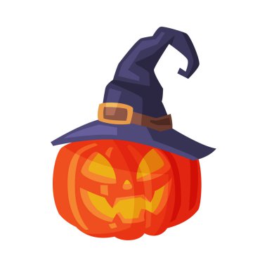 Cadılar Bayramı Kara Cadı Şapkalı Korkunç Balkabağı, Gülen Yüzlü Ürkütücü Ürkütücü Sebze, Mutlu Cadılar Bayramı Nesne Çizgi Film Stili Vektör İlülasyonu