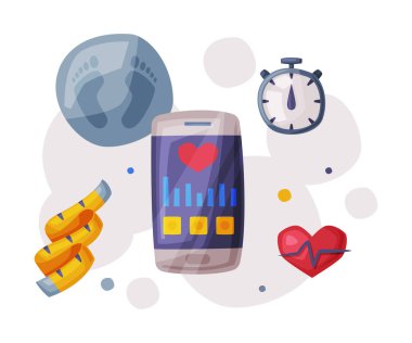 Spor ve Sağlıklı Yaşam Tarzı, Ölçekler, Ölçüm Bantları, Stopwatch, Uygulamalı Smartphone to Count Pulse Cartoon Style Vector Illustration