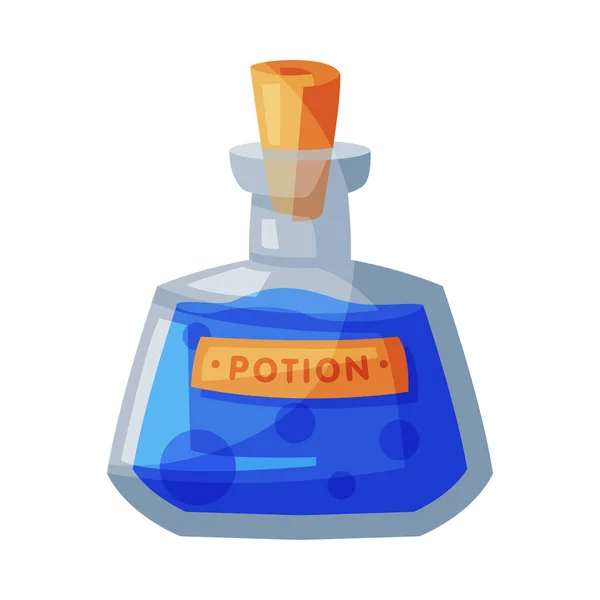 Drankfles, glazen doorzichtige fles met blauwe vloeistof, hekserij eerbetoon, Happy Halloween Object Cartoon Style Vector Illustratie — Stockvector