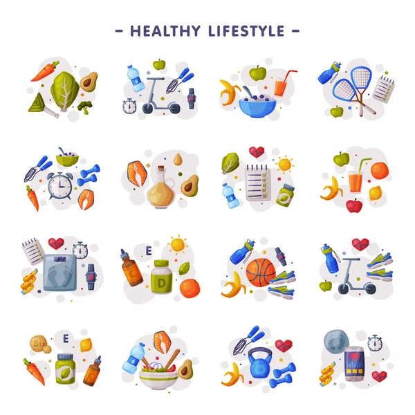 Gezonde Lifestyle Set, Fitness en Sport apparatuur, Juiste voeding, Dieet Cartoon Style Vector Illustratie — Stockvector