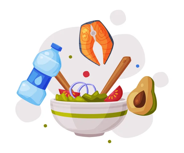 Dieta saudável, Alimentos úteis, Nutrição adequada, Salada, Peixe de Salmão, Abacate e Garrafa de Água Desenhos Animados Estilo Vetor Ilustração — Vetor de Stock