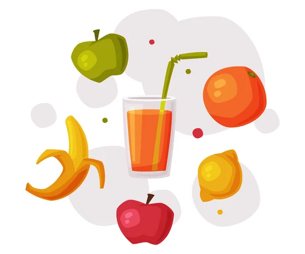 Čerstvé organické ovoce a sklenice šťávy, užitečné potraviny, produkty se zdravotními výhodami, zdravá strava koncepce karikatury styl vektorové ilustrace — Stockový vektor