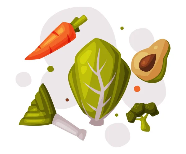 Diet Sehat, Sayuran Organik Segar, Produk Berguna dengan Ilustrasi Gaya Kartun Manfaat Kesehatan Vektor - Stok Vektor