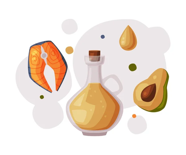 采购产品健康饮食，鲑鱼鱼，橄榄油，鳄梨，新鲜有益健康的产品卡通风格的病媒说明 — 图库矢量图片
