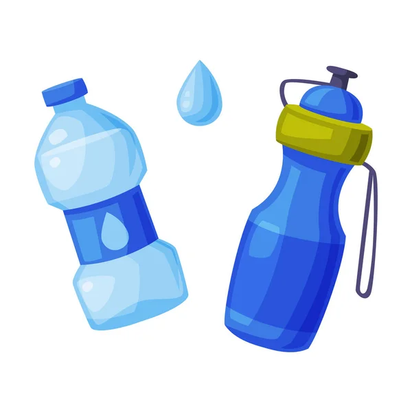 Water Bottles Set, Sports and Plastic Recycled Blue Water Bottle Cartoon Style Vector Illustration — Stock Vector