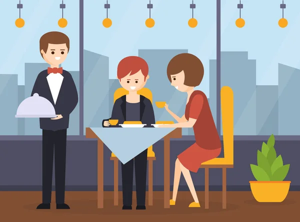 Couple Having Dinner in Restaurant, Waiter Serving and Taking Order Dishes, Hotel Restaurant Interior Cartoon Vector Illustration — Stock Vector