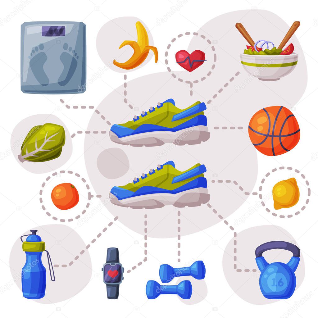Sports and Healthy Lifestyle Set, Sneakers, Various Sports Equipment and Healthy Food