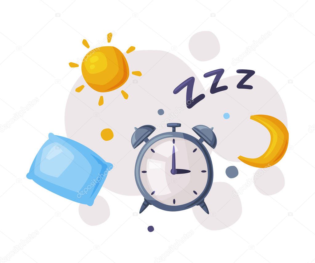 Sleep Alarm Clock, Sleep and Rest Mode Cartoon Style Vector Illustration on White Background