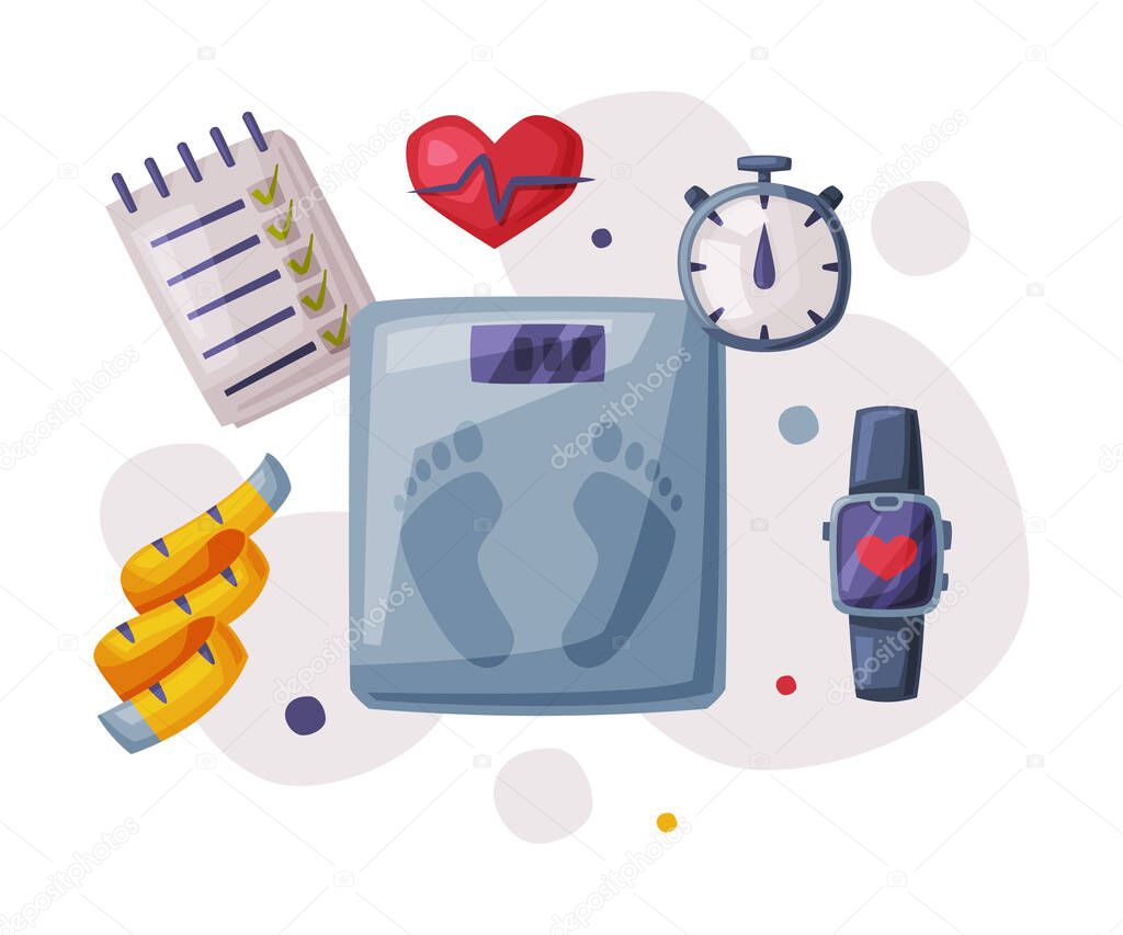 Sports and Healthy Lifestyle Objects, Scales, Measuring Tape, Stopwatch, Smartwatch Cartoon Style Vector Illustration