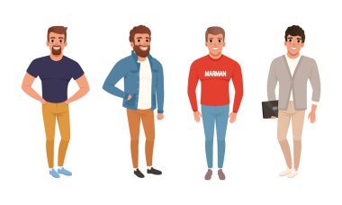 Gündelik Kıyafet Seti Giyen Genç Adamlar, Sokak Stili Kıyafetler, Moda Giyen Adamlar Çizgi Film Tarzı Vektör Resimleri