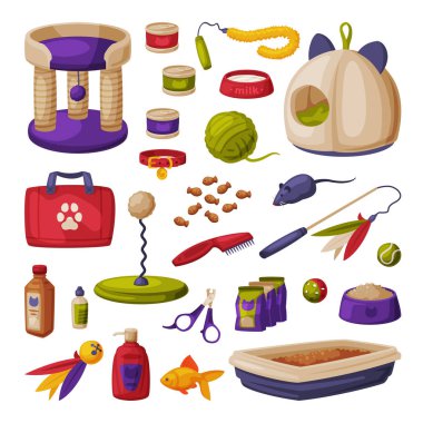 Kedi Aksesuarları Seti, Evcil Hayvan Dükkanı Ürünleri, Gıda, Tırmalama Postası, Küçük Ev, Tuvalet, Tarak, Makas, Oyuncaklar Çizgi Film Biçimli Vektör Çizimi