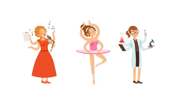 Raccolta di persone multitasking, Ragazze con molte mani che cantano, ballano, facendo ricerca scientifica illustrazione vettoriale stile cartone animato — Vettoriale Stock