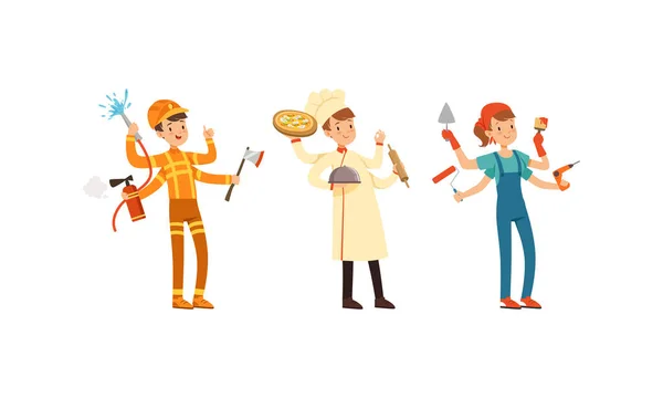 Multitasking People Collection, hasič, kuchař kuchař, malíř postavy s mnoha rukama karikatura styl vektorové ilustrace — Stockový vektor