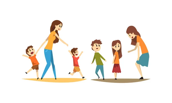 Mladé matky s zlobivé malé děti set, maminka chůze s dětmi venku karikatura styl vektorové ilustrace — Stockový vektor