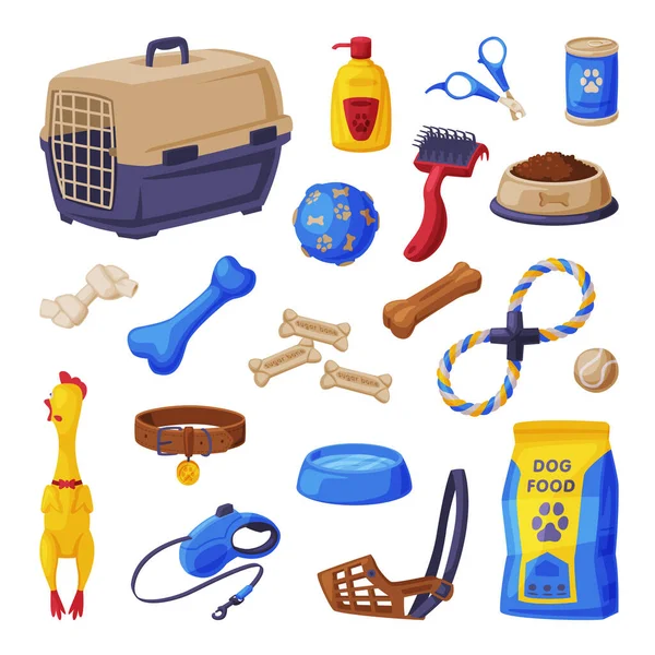 Dog Accessories Set, Pet Shop Products, Food, Scratching Post, Pet Cage, Comb, Toys, Treats Cartoon Style Vector Illustration — 스톡 벡터