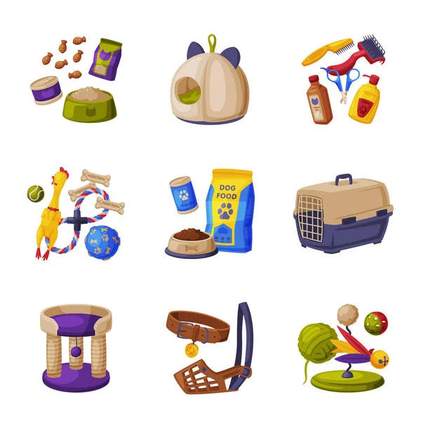 Cats and Dogs Animal Accessories Set, Pet Shop Products, Food, Toys, Accessories for Care Cartoon Style Vector Illustration — 스톡 벡터