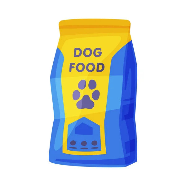 犬の食品包装、ペット動物ドライ缶詰食品バッグ漫画スタイルベクトルイラスト上の白い背景 — ストックベクタ