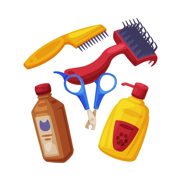 Pet Animal Care Objects Set, Brush, Pet Nail Clipper, Shampoo for Cats and Dogs Cartoon Style Vector Illustration on White Background — стоковий вектор