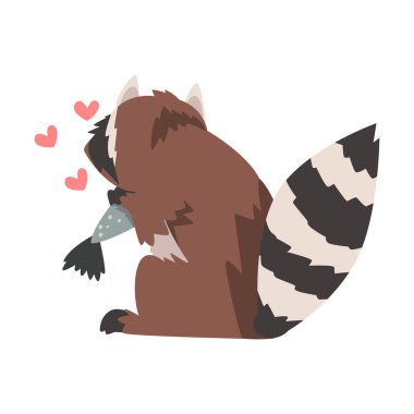 Balıklı şirin rakun, sevimli Vahşi Orman Hayvan Çizgi Filmi Karakteri, Vektör Resimlerinin Arkasından Görüntü