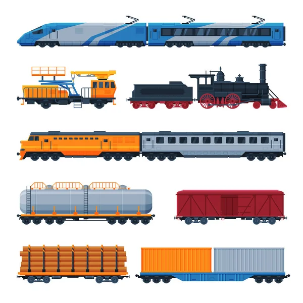 Trains Collection, Side View of Passenger and Cargo Wagons, Railroad Transportation Flat Vector Illustration on White Background — Stock Vector