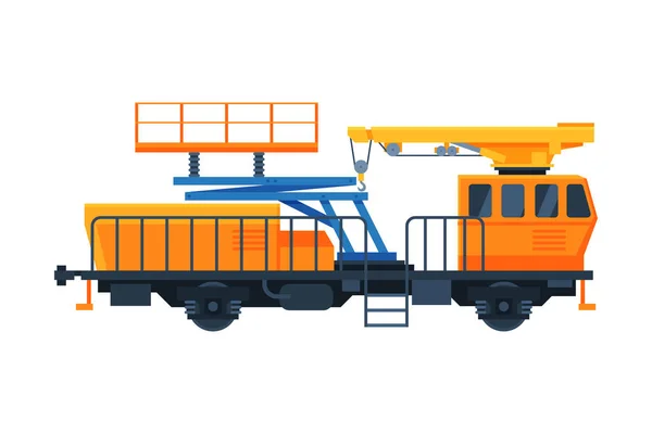 貨物列車ワゴン,貨物の持ち上げと移動のための鉄道クレーン,白い背景に鉄道輸送フラットベクトルイラスト — ストックベクタ