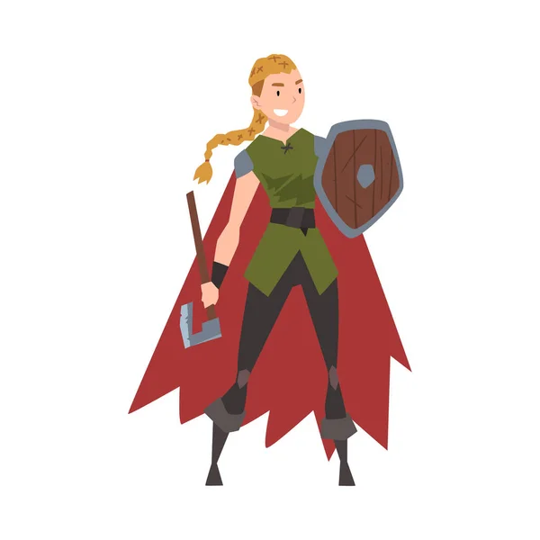 Chica vikinga, personaje femenino guerrero escandinavo con hacha y escudo Vector Ilustración — Vector de stock