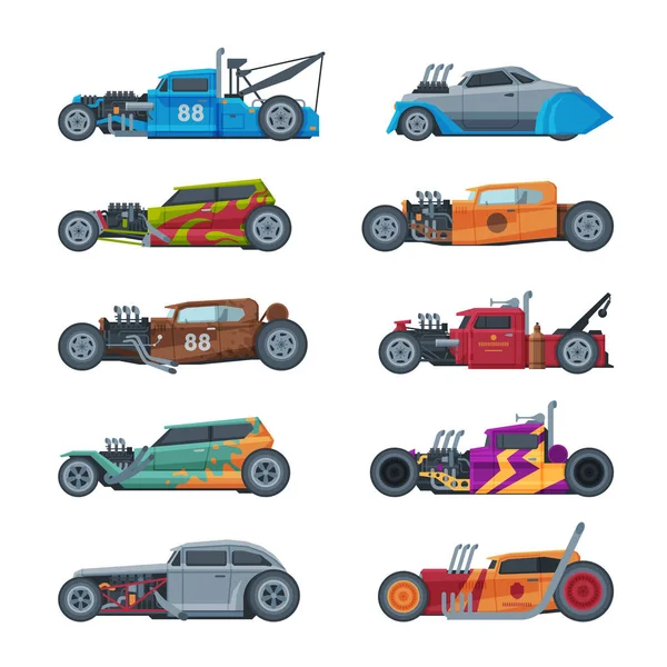 Estilo retrô Hot Rod Race Cars, Old Sports Automobiles Vector Ilustração em fundo branco — Vetor de Stock
