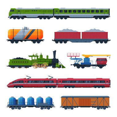 Modern and Old Trains Collection, Side View of Passenger and Cargo Wagons, Railroad Transportation Flat Vector Illustration on White Background clipart