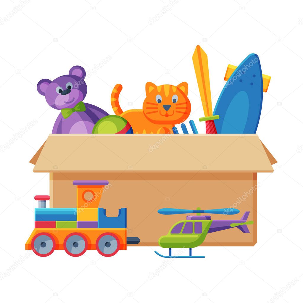 Cardboard Box with Various Toys, Container with Train, Teddy Bear, Sword, Scateboard,Cat Flat Vector Illustration
