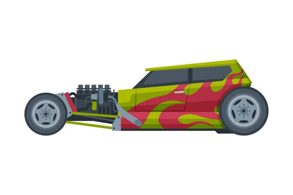 Retro Style Hot Rod Race Auto, Oude Sport Groene en Rode Voertuig Vector Illustratie op witte achtergrond — Stockvector