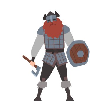 Güçlü Kaslı Viking, Erkek İskandinav Savaşçı Karakteri Zırh ve Kasklı Silah Vektörü Resimleriyle