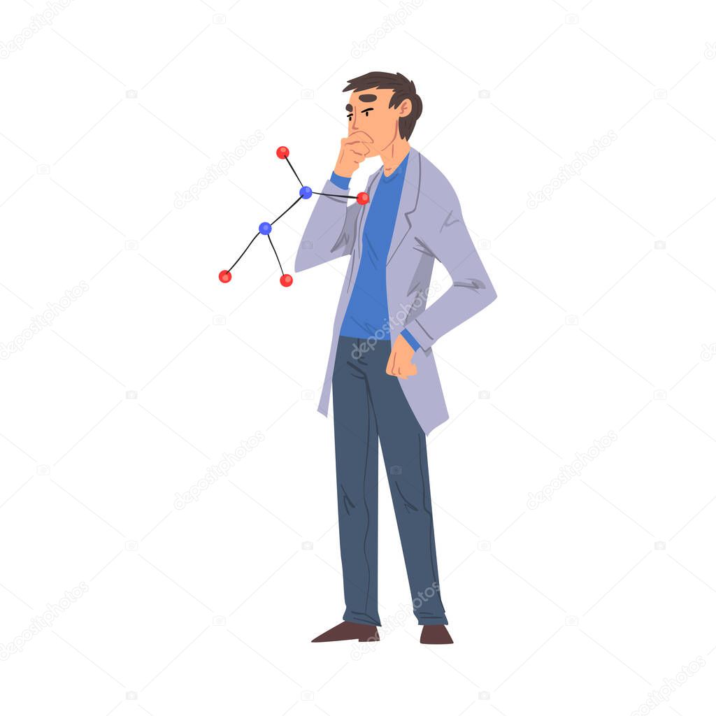 Scientist in Lab, Man in White Coat Doing Chemical Research in Science Laboratory Vector Illustration on White Background