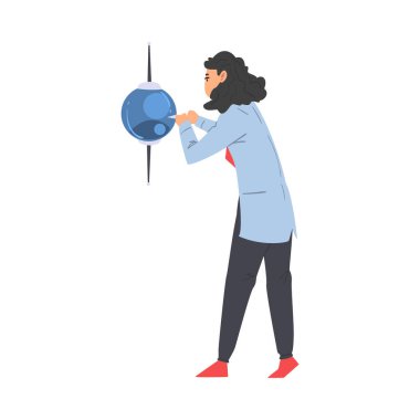 Beyaz Önlüklü Kadın Bilimadamı, Beyaz Arkaplan Üzerine Laboratuvar Malzemeleri Vektör İllüstrasyonuyla Bilimsel Deney Yapıyor